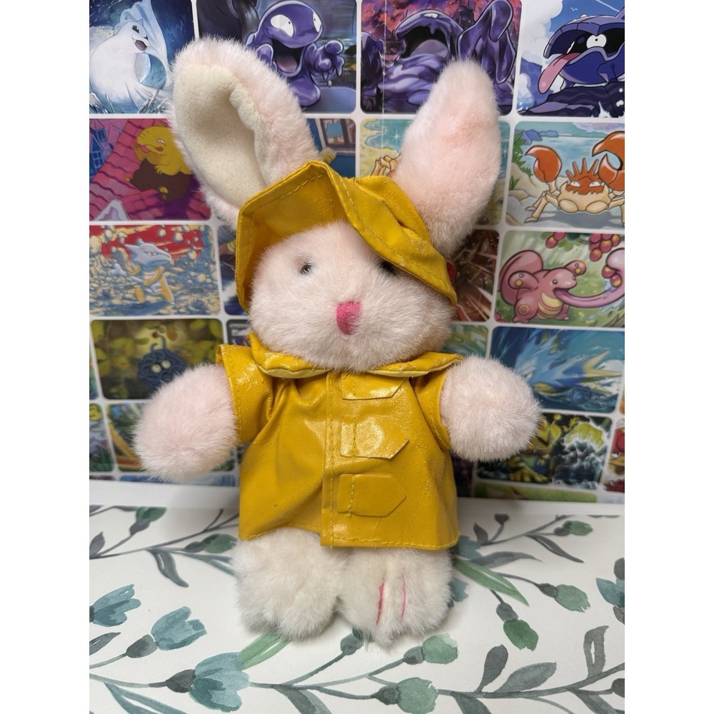 Vintage Commonwealth Pink Bunny Rabbit Plush Yellow Raincoat 10"‎ Easter Toy